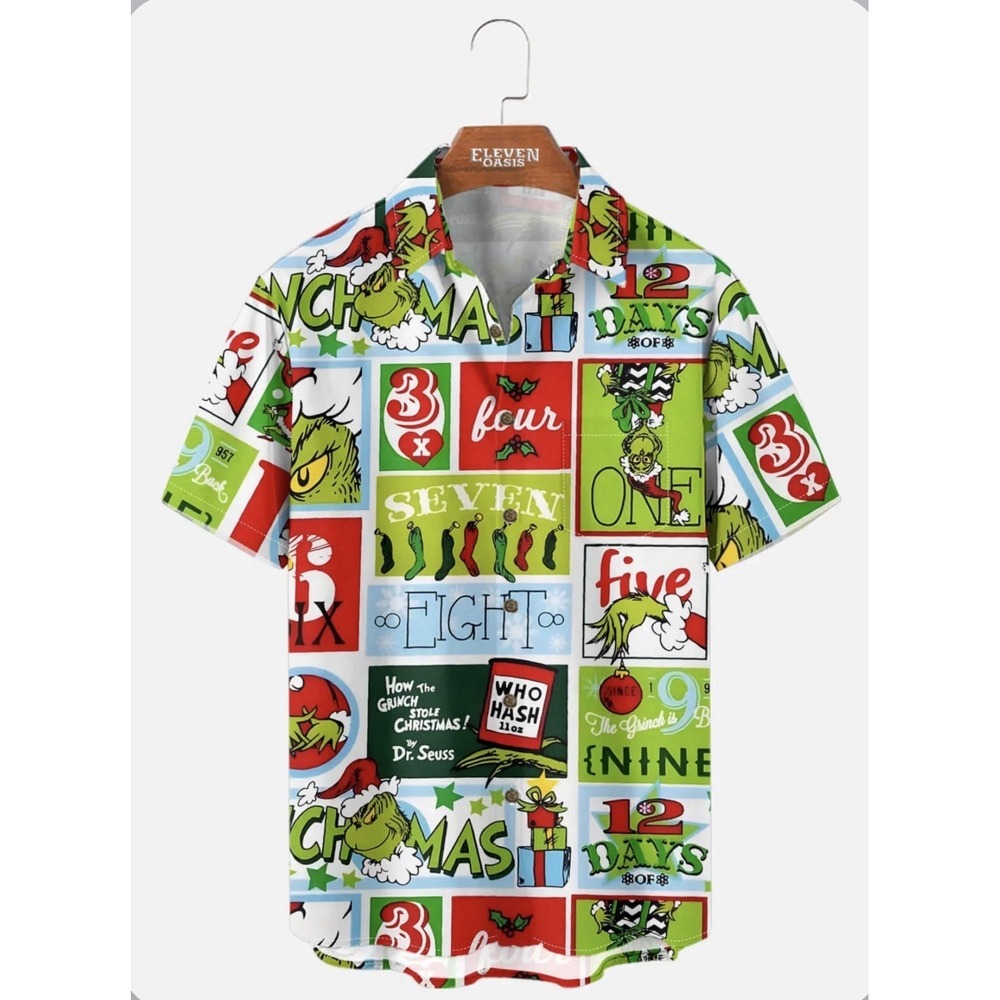 Eleven Oasis The Grinch Men's Size Medium M Hawaiian Button Down Shirt Christmas